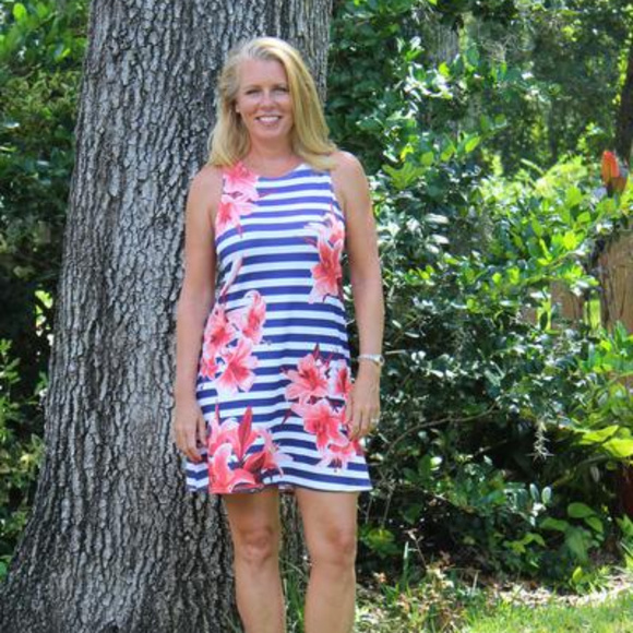 Promesa Dresses & Skirts - Blue Striped Dress with Red flowers